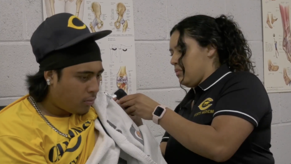 An athletic trainer wearing a black "Canyons Sports Medicine" polo shirt carefully treats a male athlete's shoulder. The trainer, with curly dark hair tied back and a pink smartwatch, uses a handheld therapeutic device over a white towel draped across the athlete's shoulder. The athlete is wearing a yellow "Canyons" shirt, a black baseball cap with a gold "C" logo, and a silver chain. They are in a sports medicine facility with anatomical posters of the hip and knee visible on the white cinderblock wall in the background.