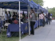 Students and staff gather under a row of blue canopy tents on campus, browsing booths and talking with program representatives during an outdoor college event.
